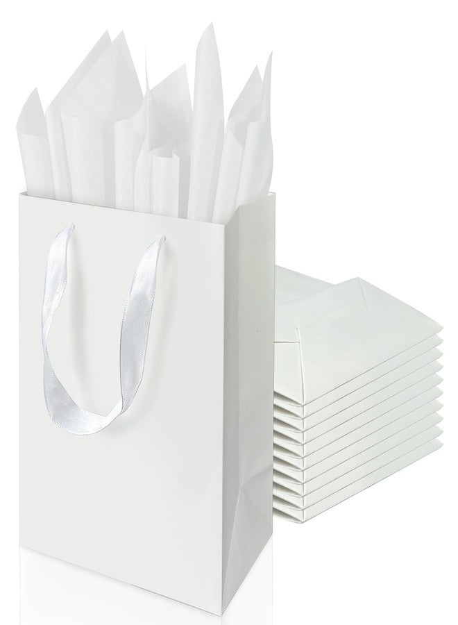 KEEPARTY 9 Inches White Gift Bags with Ribbon Handles Kraft Paper Shopping Bags with Tissue Paper for Party Business Wedding Birthday Graduation Fathers Day - Image 1